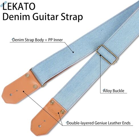 LEKATO Guitar Strap with Cowhide Leather Ends Western Denim Straps for Acoustic Electric Bass Guitar Includes 6 Picks & Strap Locks & Headstock Tie Best Gift for Men Women Guitarists And Musicians in Kuwait