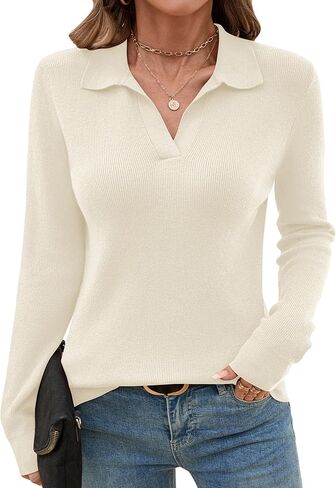 Romanstii Women's Knitted Collared Sweaters Long Sleeve V-Neck Polo Shirts Winter Pullover Tops in Kuwait