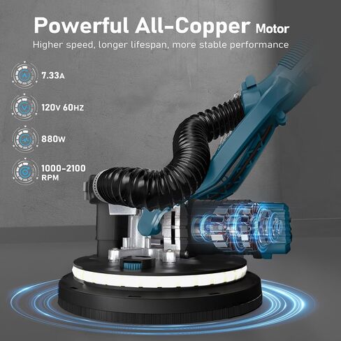 Drywall Sander, 880W 7.33A Electric Drywall Sander with Vacuum Dust Collector, 5 Variable Speed 1000-2100RPM, LED Light, Foldable & Extendable Handle, 12 Sanding Discs in Kuwait