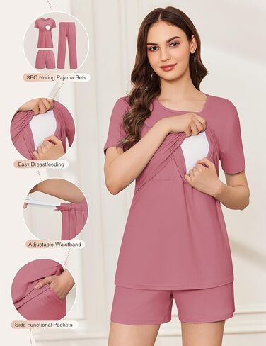 ekouaer 3 قطعة ما بعد الولادة pajamas مجموعة قصيرة الأكمام القمصان الرضاعة الطبيعية سراويل الحمل وسروال الأمومة pjs in Kuwait