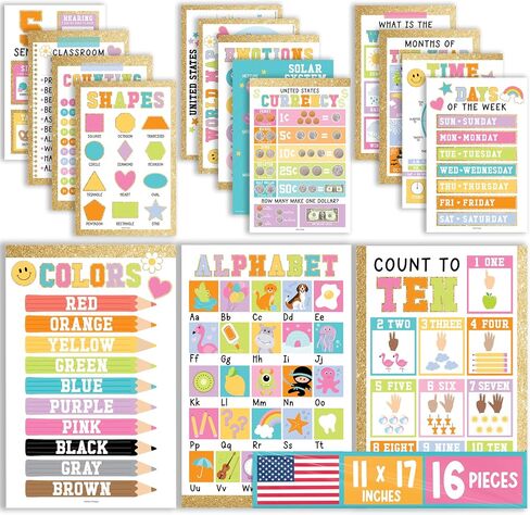 Hadley Designs 16 Educational Posters for Toddlers 1-3, Laminated Toddler Learning Posters for Preschool & Kindergarten, ABC Chart, Numbers, Colors, Shapes, Days of The Week, Gold Classroom Decor in Saudi Arabia