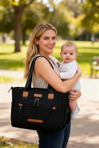 حقيبة حمل الحفاضات، حقيبة حفاضات كبيرة مع حجرة كمبيوتر محمول مقاس 16 بوصة، حقيبة حفاضات للأطفال الصغار للأم (أسود) in Kuwait