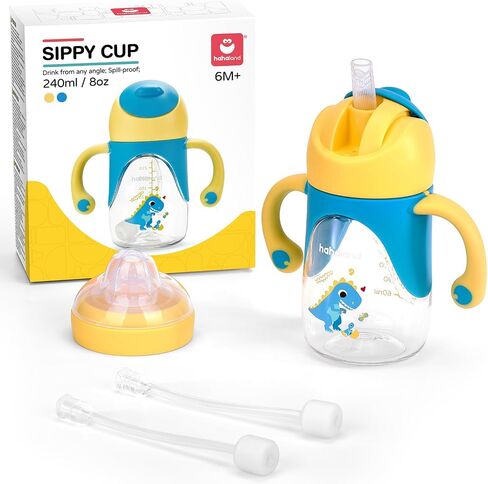 hahaland Sippy Cups for Toddlers 1-3, 2-in-1 Sippy Cup for 6+ Month Old | 2 in 1 Spout & Straw Sippy Cups for 6-12 Month Old，No Spill Transition Weighted Straw Toddler Cups - 1 Cup with 2 Nipples in Saudi Arabia
