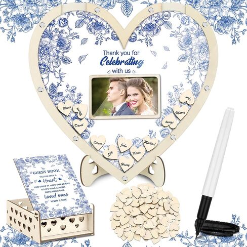 Chunful Wedding Hearts Book Content Petwith With 100 Wooden Hearts Chips Box and Pen Brown Wooden Thief Heart Picture Frame Rustic Guest Book Consempion لحفل الزفاف (كلاسيكي) in Kuwait
