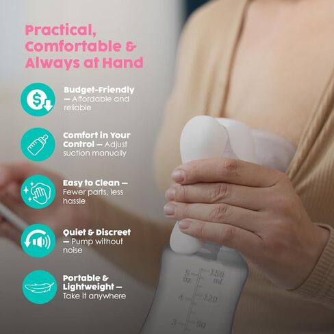 BPA Free Manual Breast Pump + 10 Breastmilk Storage Bag- Hand Pump Breastmilk & Milk Collector - Ergonomic Breast Pump & Breast Milk Storage Bags Freezer-Silicone, BPA Free,150 ml in Kuwait
