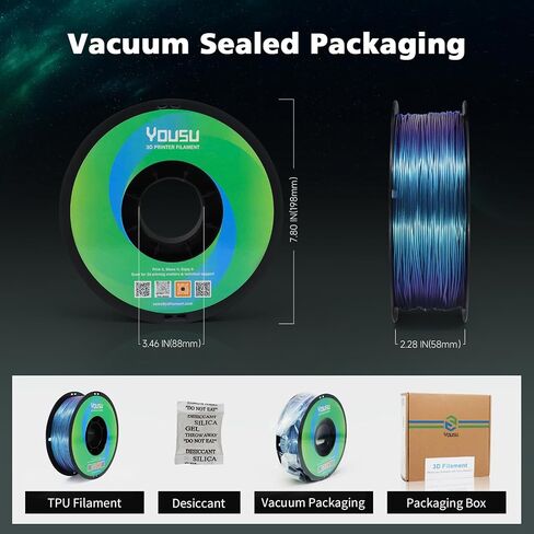 YOUSU Silk TPU Filament 1.75mm, 95A TPU 3D Printing Flexible Filament, High Hardness Resilience, Soft Adhesive Material, Elastic, 1kg(2.2lbs), Silk TPU Gold,Dark Gray,Blue,Purple in Saudi Arabia