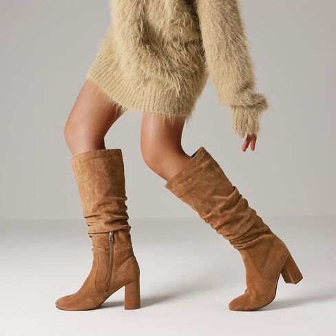 Eteridrey Knee High Boots Womens Chunky Heels Side Zipper Slouchy Boots Comfortable Faux Suede Riding Mid Calf Boots… in Kuwait