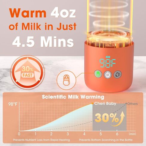 CheriBaby Portable Bottle Warmer for Travel – Dual Heating Modes for Breast Milk & Water, Portable Milk Warmer On-The-Go, Extra Straw Lid, Super Fast Charging, Long Battery Life, 12 Ounces in Kuwait