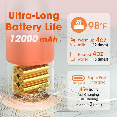 CheriBaby Portable Bottle Warmer for Travel – Dual Heating Modes for Breast Milk & Water, Portable Milk Warmer On-The-Go, Extra Straw Lid, Super Fast Charging, Long Battery Life, 12 Ounces in Kuwait