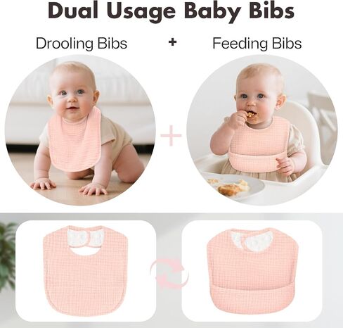 Baby Bibs for Drooling and Teething - 6 Pack Dual Usage Soft Cotton Muslin Bibs for Baby Boys & Girls with Hidden Pocket, Extra Absorbent, Easy to Put On for Toddler, Newborn, Infant in Saudi Arabia