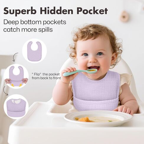 Baby Bibs for Drooling and Teething - 6 Pack Dual Usage Soft Cotton Muslin Bibs for Baby Boys & Girls with Hidden Pocket, Extra Absorbent, Easy to Put On for Toddler, Newborn, Infant in Saudi Arabia