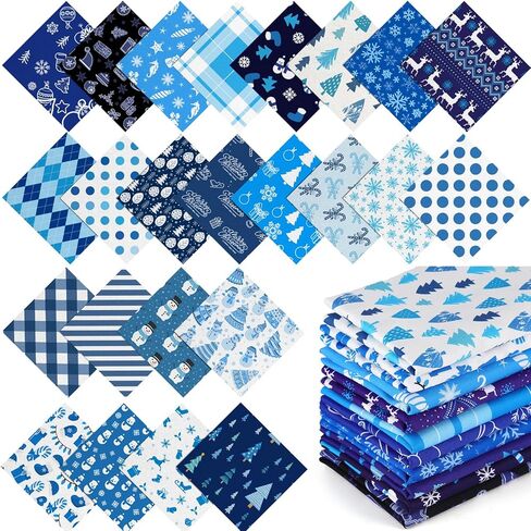 Hicarer 100 Pcs 4 x 4 Inch Christmas Cotton Fabric Square Winter Blue White Quilting Fabric Bundles Patchwork Snowflake Reindeer 25 Styles Christmas Printed Fat Quarter for Xmas Sewing DIY Crafts in Saudi Arabia