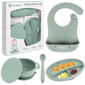 Silicone Baby Feeding Set – Led Weaning Supplies with Suction Plate, Bowl with Lid, Bib & Spoon – Baby Feeding Essentials for 6-12 Months, Plates and Utensils Set (Mint) in Kuwait
