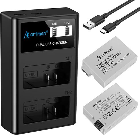 Artman 3-Pack LP-E8 Batteries 1800mAh and 3-Slot LCD Charger Pack for Canon EOS Rebel T2i T3i T4i T5i, EOS Kiss X4 X5 X6 X7i, EOS 550D 600D 650D 700D, LC-E8E Digital Cameras in Kuwait