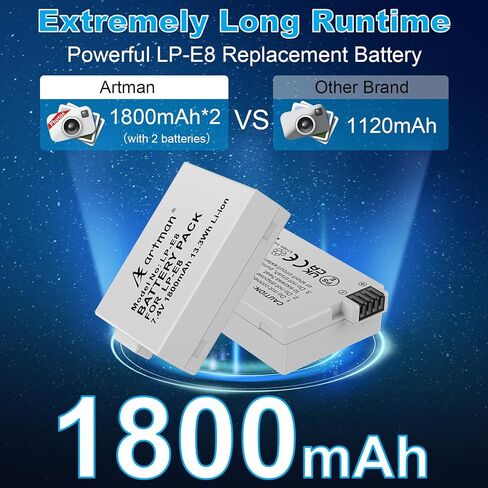 Artman 3-Pack LP-E8 Batteries 1800mAh and 3-Slot LCD Charger Pack for Canon EOS Rebel T2i T3i T4i T5i, EOS Kiss X4 X5 X6 X7i, EOS 550D 600D 650D 700D, LC-E8E Digital Cameras in Kuwait