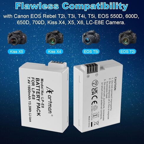 Artman 3-Pack LP-E8 Batteries 1800mAh and 3-Slot LCD Charger Pack for Canon EOS Rebel T2i T3i T4i T5i, EOS Kiss X4 X5 X6 X7i, EOS 550D 600D 650D 700D, LC-E8E Digital Cameras in Kuwait