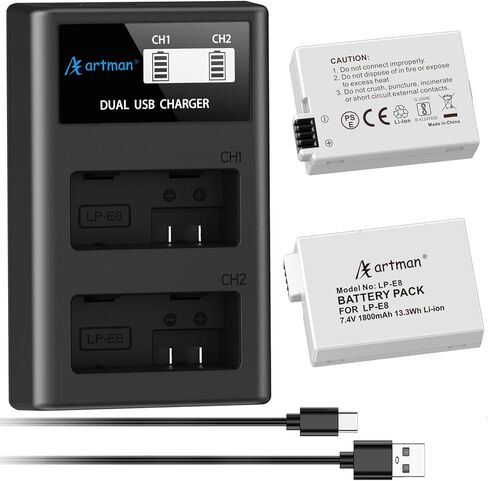 Artman 3-Pack LP-E8 Batteries 1800mAh and 3-Slot LCD Charger Pack for Canon EOS Rebel T2i T3i T4i T5i, EOS Kiss X4 X5 X6 X7i, EOS 550D 600D 650D 700D, LC-E8E Digital Cameras in Kuwait
