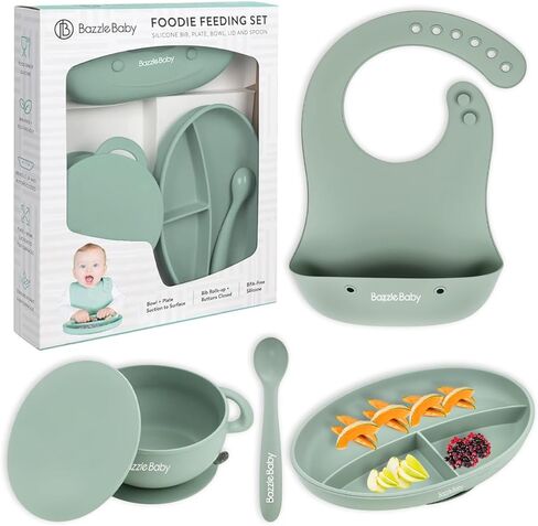 Silicone Baby Feeding Set – Led Weaning Supplies with Suction Plate, Bowl with Lid, Bib & Spoon – Baby Feeding Essentials for 6-12 Months, Plates and Utensils Set (Mint) in Kuwait