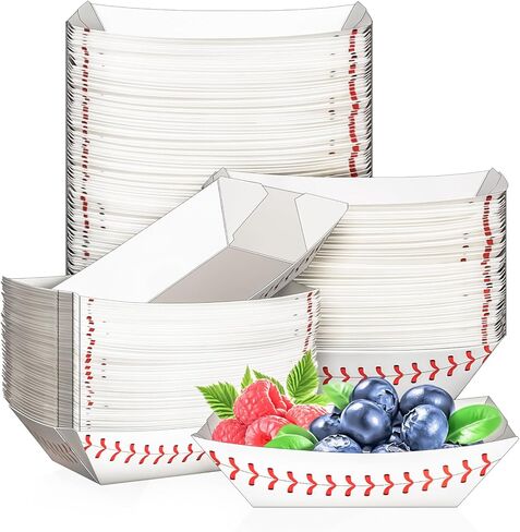 MotBach 50 Pack 2Lb Paper Food Boat Trays, Baseball Birthday Decorations Baseball Party Favors, Disposable Paper Food Serving Tray Boat Plate for Snack Popcorn Bakery Dessert Sandwich Taco Fries Nacho in Kuwait