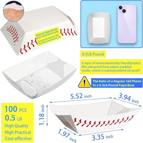 MotBach 50 Pack 2Lb Paper Food Boat Trays, Baseball Birthday Decorations Baseball Party Favors, Disposable Paper Food Serving Tray Boat Plate for Snack Popcorn Bakery Dessert Sandwich Taco Fries Nacho in Kuwait