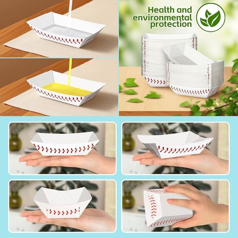 MotBach 50 Pack 2Lb Paper Food Boat Trays, Baseball Birthday Decorations Baseball Party Favors, Disposable Paper Food Serving Tray Boat Plate for Snack Popcorn Bakery Dessert Sandwich Taco Fries Nacho in Kuwait