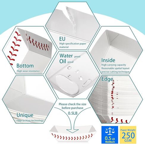 MotBach 50 Pack 2Lb Paper Food Boat Trays, Baseball Birthday Decorations Baseball Party Favors, Disposable Paper Food Serving Tray Boat Plate for Snack Popcorn Bakery Dessert Sandwich Taco Fries Nacho in Kuwait