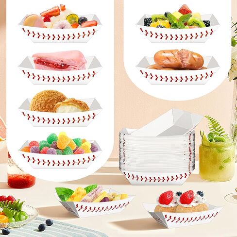 MotBach 50 Pack 2Lb Paper Food Boat Trays, Baseball Birthday Decorations Baseball Party Favors, Disposable Paper Food Serving Tray Boat Plate for Snack Popcorn Bakery Dessert Sandwich Taco Fries Nacho in Kuwait