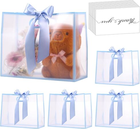 GAWBYET 24 Pcs Clear Plastic Gift Bags with Handles, Reusable Party Favor Bags With ribbons and cards for Mother's Day, Birthday, Wedding,Bachelorette Party,(7 x 10 x 3.15 Inch) in Kuwait