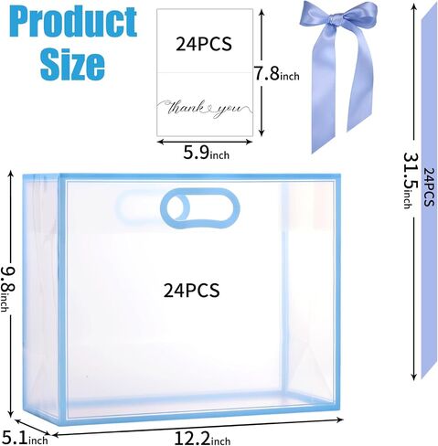 GAWBYET 24 Pcs Clear Plastic Gift Bags with Handles, Reusable Party Favor Bags With ribbons and cards for Mother's Day, Birthday, Wedding,Bachelorette Party,(7 x 10 x 3.15 Inch) in Kuwait