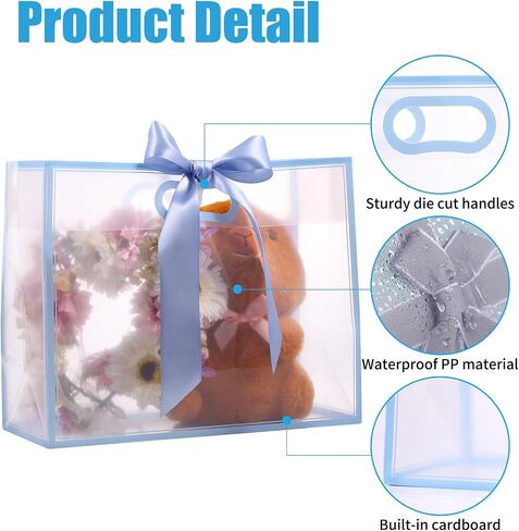 GAWBYET 24 Pcs Clear Plastic Gift Bags with Handles, Reusable Party Favor Bags With ribbons and cards for Mother's Day, Birthday, Wedding,Bachelorette Party,(7 x 10 x 3.15 Inch) in Kuwait