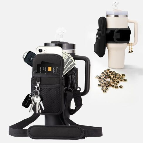 Water Bottle Holder with Strap Water Bottle Pouch for Stanley 40oz/30oz Tumbler Water Bottle Carrier Purse with Phone & Earphone Pocket for Stanley Cup Accessories with Straw Cover, A-Z Letter Charms in Saudi Arabia