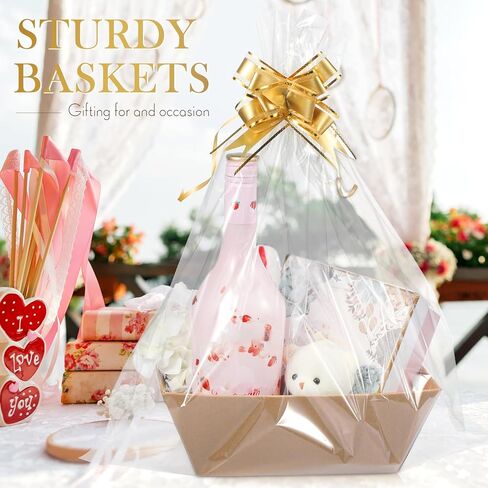 Mimorou 6 Pack Gift Baskets Kit 6 سلال فارغة ، 6 أكياس هدايا واضحة ، 10 أقواس سحب مثالية لحفل عيد ميلاد الزفاف (الذهب) in Saudi Arabia