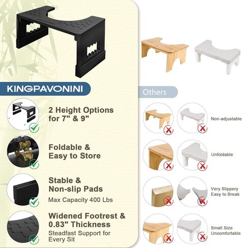 البراز المرحاض من الخيزران القرفصاء 7in و 9in قابلة للتعديل ، براز أنبوب قابل للطي للبالغين الحمام ، براز قعادة مع طبقة غير انزلاق لتحسين وضع الحمام والراحة ، سعة 400 رطل in Kuwait