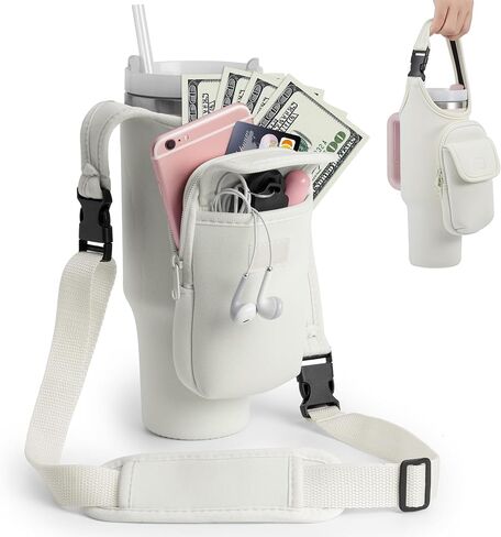 Carrier Bag with Phone & Flap Pockets Accessories for Stanley 40/30oz Tumbler with Handle, Insulated Neoprene Cup Holder Carrier Bag w/Shoulder & Handheld Strap Fits Stanley Cup Accessories in Saudi Arabia