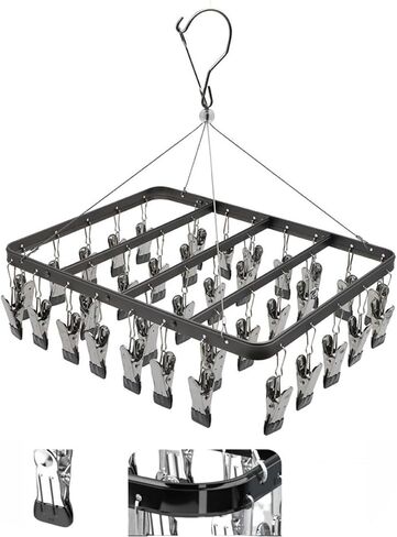 Clothes Drying Racks Clip Hangers Metal with 36 Clips Windproof Hook Underwear Hanger Foldable Laundry Clip for Socks Bras Black in Kuwait