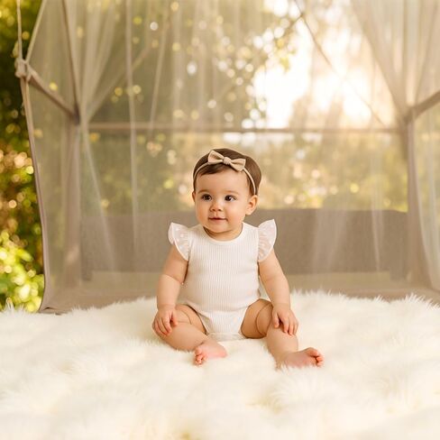 ROMPERINBOX Baby Girl Onsies Polka Dot Mesh Puff Sleeve Rib-Knit Short Sleeve Round Neck Bodysuit for 0-24 Months in Saudi Arabia
