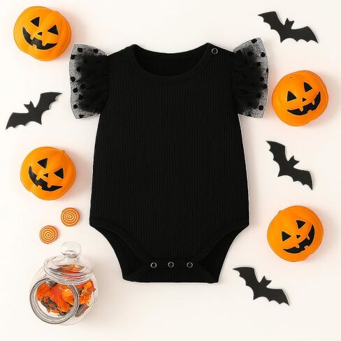 ROMPERINBOX Baby Girl Onsies Polka Dot Mesh Puff Sleeve Rib-Knit Short Sleeve Round Neck Bodysuit for 0-24 Months in Kuwait