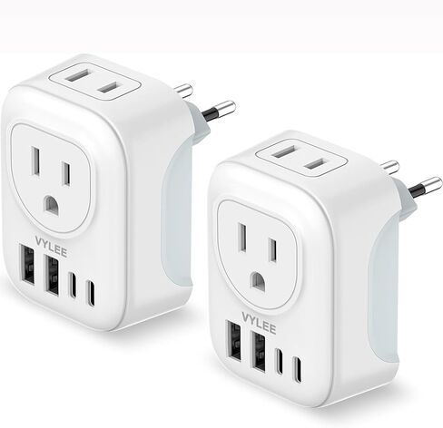 2 حزمة محول قابس السفر الأوروبي، محول السفر الدولي VYLEE مع 2 منافذ 4 منافذ USB (2 USB C)، 6 في 1 نوع C شاحن أساسيات السفر للولايات المتحدة إلى معظم أوروبا الاتحاد الأوروبي إيطاليا إسبانيا فرنسا in Saudi Arabia