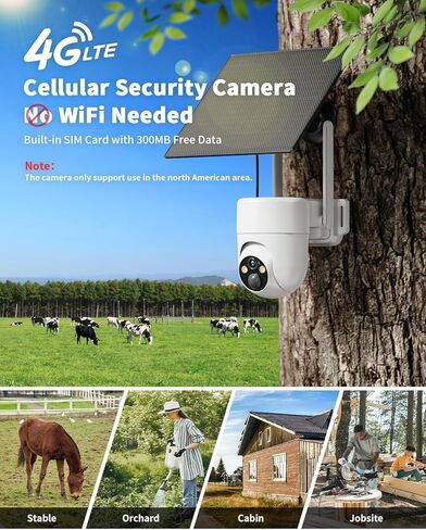 LIWAN 4G LTE Cellular Security Camera, Unlimited Data Plan, Built-in SIM Card, Sloar No WiFi Needed Security Camera Wireless Outdoor, 2K Color Night Vision, Human Detection, 360° Full View, 2-Way Talk in Kuwait