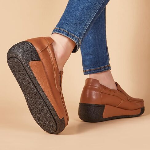Women's Platform Leather Loafer Dress Walking Slip-On Comfort Chunky Work Shoes in Kuwait