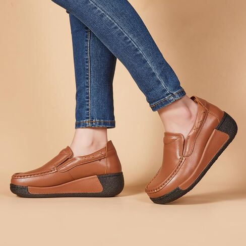 Women's Platform Leather Loafer Dress Walking Slip-On Comfort Chunky Work Shoes in Kuwait
