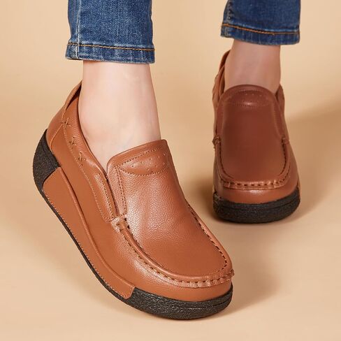 Women's Platform Leather Loafer Dress Walking Slip-On Comfort Chunky Work Shoes in Kuwait