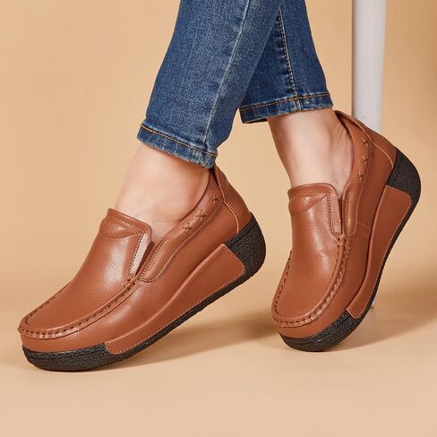 Women's Platform Leather Loafer Dress Walking Slip-On Comfort Chunky Work Shoes in Kuwait