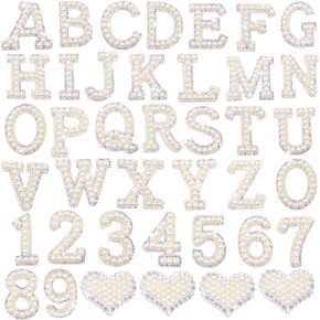 40PCS Pearl Rhinestone Letters Numbers Patches Self Adhesive Alphabet A-Z Glitter Number 0-9 Heart Pearls Repair Patch Stickers for DIY Clothing Bags Backpacks Crafts Decor in Kuwait