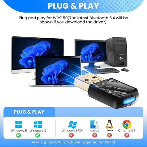 محول دونجل USB بلوتوث 5.0، جهاز استقبال إرسال بلوتوث لاسلكي للكمبيوتر المحمول والكمبيوتر المكتبي وموسيقى ستيريو ومكالمات سكايب ولوحة المفاتيح والماوس يدعم جميع أنظمة التشغيل Windows 10/8 / 8.1/7 in Kuwait