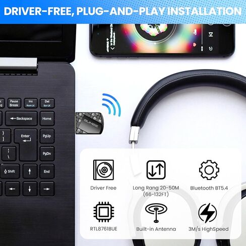 محول دونجل USB بلوتوث 5.0، جهاز استقبال إرسال بلوتوث لاسلكي للكمبيوتر المحمول والكمبيوتر المكتبي وموسيقى ستيريو ومكالمات سكايب ولوحة المفاتيح والماوس يدعم جميع أنظمة التشغيل Windows 10/8 / 8.1/7 in Kuwait