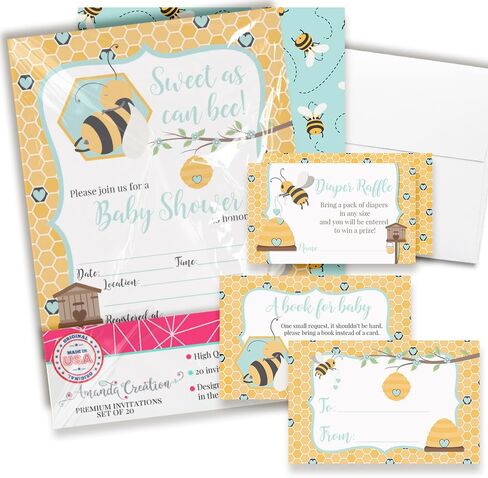 Baby Shower Invites Gender Neutral – Honeycomb Bee Baby Shower Invitation Bundle with Diaper Raffle Tickets, Book Request Cards & Envelopes. Set of 20 5X7 New Little Honey On The Way Invitation Kit in Kuwait