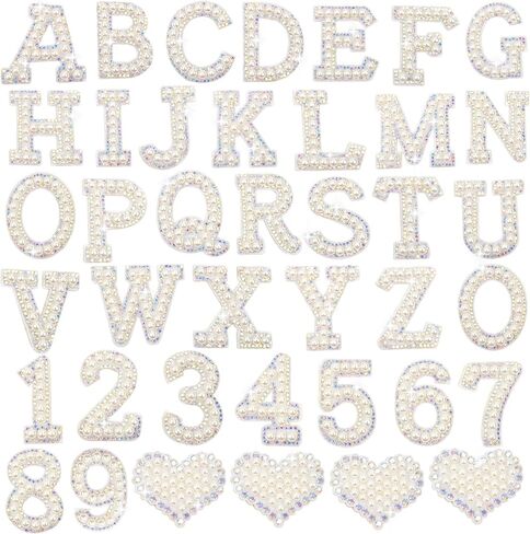 40PCS Pearl Rhinestone Letters Numbers Patches Self Adhesive Alphabet A-Z Glitter Number 0-9 Heart Pearls Repair Patch Stickers for DIY Clothing Bags Backpacks Crafts Decor in Kuwait