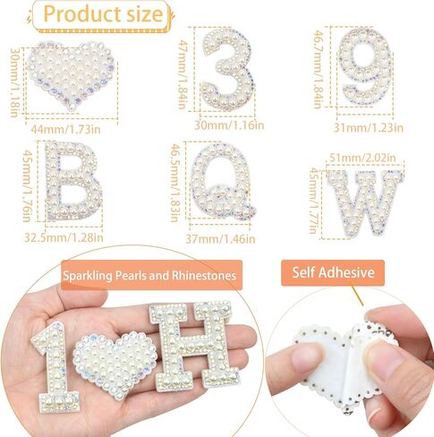 40PCS Pearl Rhinestone Letters Numbers Patches Self Adhesive Alphabet A-Z Glitter Number 0-9 Heart Pearls Repair Patch Stickers for DIY Clothing Bags Backpacks Crafts Decor in Kuwait