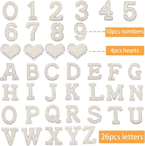 40PCS Pearl Rhinestone Letters Numbers Patches Self Adhesive Alphabet A-Z Glitter Number 0-9 Heart Pearls Repair Patch Stickers for DIY Clothing Bags Backpacks Crafts Decor in Kuwait